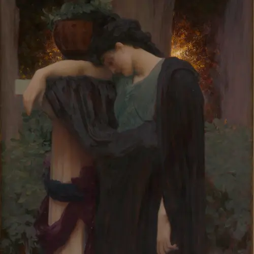 Victorian-style painting of a mourning woman leaning against a column, symbolizing grief.
